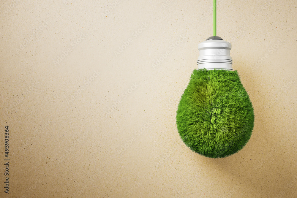 Poster Abstract green grass light bulb on brown background with mock up place. Eco concept and energy concept. 3D Rendering.