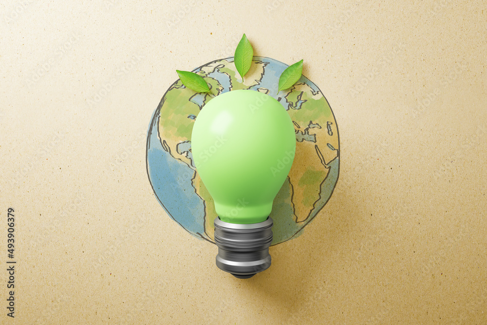 Aufkleber Abstract green lamp on brown background with globe sketch. Energy and save concept. 3D Rendering.
