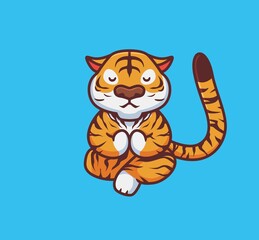Fototapeta na wymiar cute tiger meditation pose yoga. isolated cartoon animal nature illustration. Flat Style suitable for Sticker Icon Design Premium Logo vector. Mascot Character
