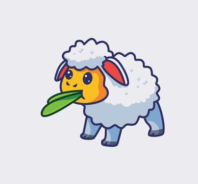 cute sheep eating leaf. isolated cartoon animal nature illustration. Flat Style suitable for Sticker Icon Design Premium Logo vector. Mascot Character