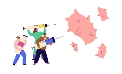 Health, immune system fighting against virus, protecting with vaccines, resisting to coronavirus. Preventing pandemic with vaccination concept. Flat vector illustration isolated on white background