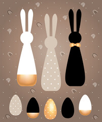Easter bunnies and eggs. Conceptual, white, black, beige with polka dots, with gold. Happy easter. Postcard, poster.