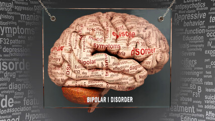 Bipolar i disorder anatomy - its causes and effects projected on a human brain revealing Bipolar i disorder complexity and relation to human mind. Concept art, 3d illustration - obrazy, fototapety, plakaty