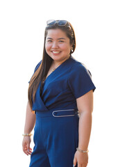 Portrait smiling Asian woman in blue casual wear isolated on white background.