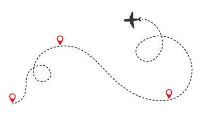Planes. line of the plane. Airplane flight path with dash line and dash line trace. Vector