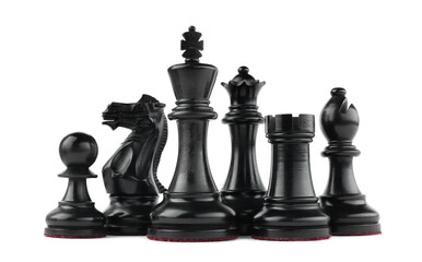 Set of black chess pieces on white background