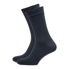 A pair of fabric socks stands on a white isolated background. Volumetric socks on a transparent mannequin. Black men's socks.