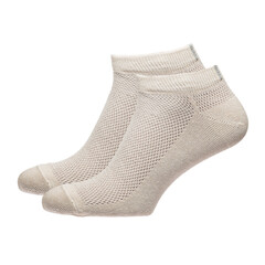 A pair of fabric socks stands on a white isolated background. Volumetric socks on a transparent mannequin.