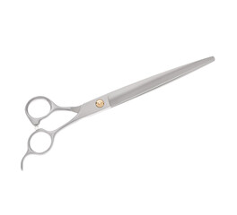 Scissors for cutting people and pets. Grooming scissors. Closed scissors on a white isolated background. Side view.