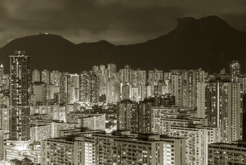 Night scenery of mountain Lion Rock and skyline of Hong Kong city