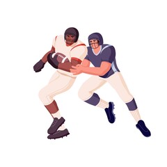 Rugby players during sports game. Athlete in helmet attacking, tackling. Fight in American football. Rivals running, struggling, competing. Flat vector illustration isolated on white background