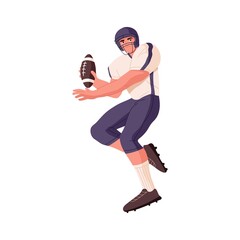 Rugby player holding and throwing ball with hand. American football athlete during sports game. Sportsman in helmet, uniform playing. Flat vector illustration isolated on white background