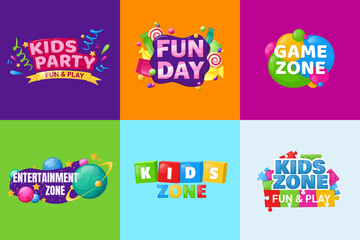 Kids zone entertainment set childish banner label sticker badge