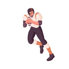 Rugby player holding caught grabbed ball in hands and running. American football athlete during sports game activity. Man in helmet playing. Flat vector illustration isolated on white background