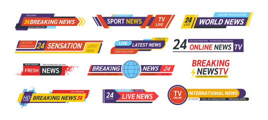 TV title news bar logos, news feeds, television, radio channels. - obrazy, fototapety, plakaty