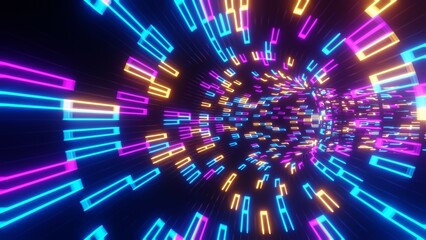 3D Rendering. Flight in abstract sci-fi tunnel. Futuristic motion graphics, high tech background. Time warp portal, lightspeed hyperspace concept. Glowing hi tech texture. Cyberpunk