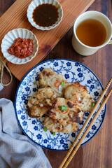 Homemade popular Chinese festive gourmet. Fried Lo Bak Go aka Turnip Cake or Radish Cake. Eaten during lunar new year for good luck