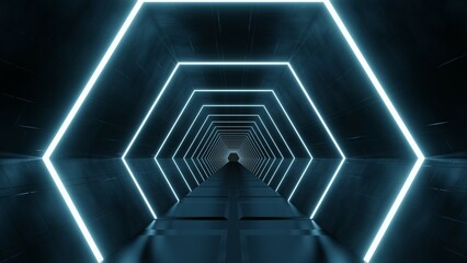 3D Rendering. Flight in abstract sci-fi tunnel. Futuristic motion graphics, high tech background. Time warp portal, lightspeed hyperspace concept. Glowing hi tech texture. Cyberpunk