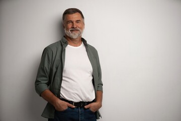 Portrait of smiling mature man standing on white background