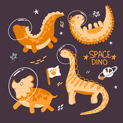 Cute, hand-drawn, cartoon-style dinosaur astronauts. Dinosaurs in space with planets, comets, and stars around them. Can be used for greeting cards, children's fashion, textiles, fabrics, posters, t-s