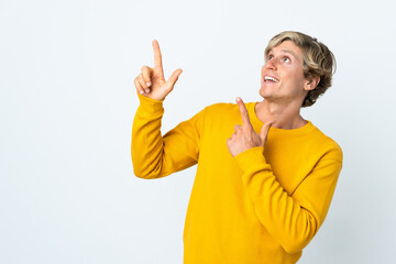 English man over isolated white background pointing with the index finger a great idea