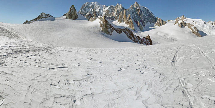 The Mont Blanc and Mont Blanc glacier in the Mont Blanc massif, Courmayeur town, Italy