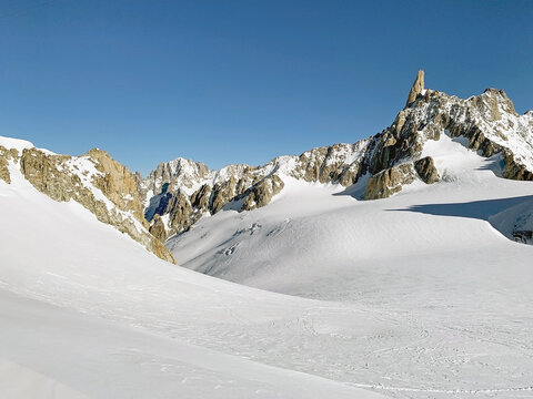 The Dent du Geant and Mont Blanc glacier in the Mont Blanc massif, Courmayeur town, Italy