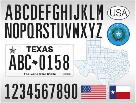 Texas state car license plate, letters, numbers and symbols, vector illustration, United States of America