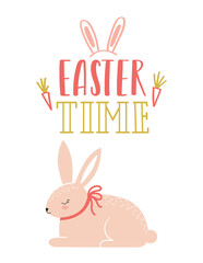 Easter greeting card with a cute pink Easter bunny sleeping in the grass and a hand lettering phrase - Easter time. Color flat cartoon vector illustration on white background
