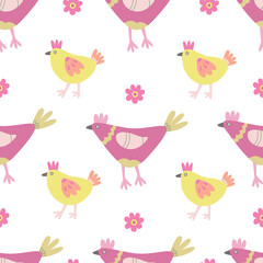 Vector seamless pattern with colorful hens, baby chickens and chamomile flowers. Great for fabric, wrapping papers, Easter design. Hand drawn flat  illustration on white background.