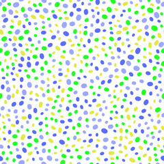 Bright multicolored pattern. Blue, yellow, cyan and green spots on a white background. Seamless vector texture design.