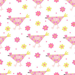 Vector seamless pattern with colorful decorative hens and chamomile flowers. Great for fabric, wrapping papers, Easter design. Hand drawn flat  illustration on white background.