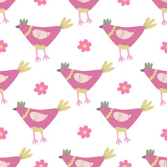 Vector seamless pattern with colorful hens and chamomile flowers. Great for fabric, wrapping papers, Easter design. Hand drawn flat  illustration on white background.