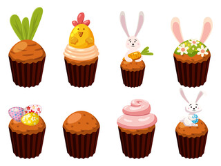 Set of Easter sweets cupcakes, eggs, bird, bunny, candies, cake. Collection sweet food