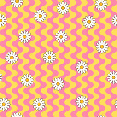 Psychedelic hippie surface pattern design. Abstract seamless vector pattern. Chamomile flowers and wavy stripes, 60s, 70s retro style. vintage floral background