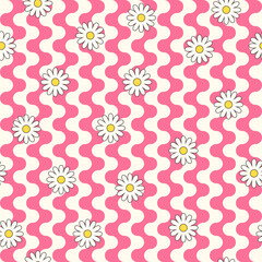 Psychedelic hippie surface pattern design. Abstract seamless vector pattern. Chamomile flowers and wavy stripes, 60s, 70s retro style. vintage floral background