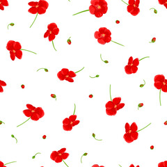 Red flowers and buds on white. Floral background. Vector seamless pattern with plants. Botanical illustration in cartoon flat style.