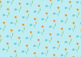 Spring season pattern concept with fresh blossoming colorful tulips on bright blue background. Floral natural idea. Surreal shadow visual effect.