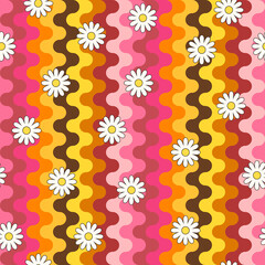 Psychedelic hippie surface pattern design. Abstract seamless vector pattern. Chamomile flowers and wavy stripes, 60s, 70s retro style. vintage floral background