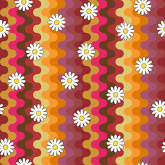 Fototapeta na wymiar Psychedelic hippie surface pattern design. Abstract seamless vector pattern. Chamomile flowers and wavy stripes, 60s, 70s retro style. vintage floral background