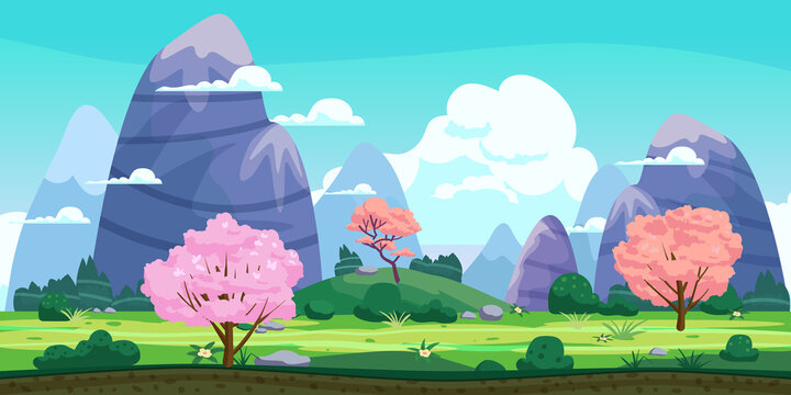 Fantasy landscape, green hills, blooming trees, spring, mountains, panorama. Vector cartoon background illustration