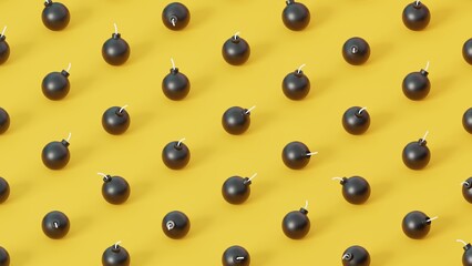 Bombs with fuse over yellow background. True isometric camera position. Not seamless pattern.