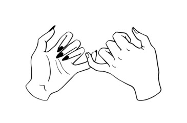 Pinky promise. Sketch of hands, the promise to be together. Black outline of little fingers. Vector illustration of a pair of people's hands swearing on a white background.