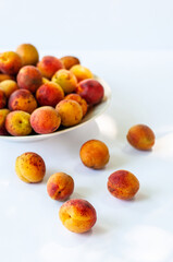 Apricots ripe and juicy in a plate on a white background with space for text, copy space