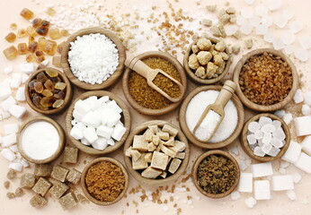 Mix of sugar varieties: unbleached, brown and white, refined and unrefined, granulated and cubes	