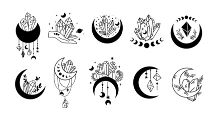 Mystical boho floral and crustal moon isolated cliparts bundle, celestial magic moon collection, diamonds and moon set, silhouettes of luna, esoteric objects