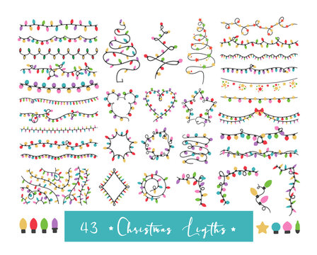 Christmas lights colorful isolated clip arts bundle, Christmas garlanr set, funny lights strings pink blue red set, printable new year decor
