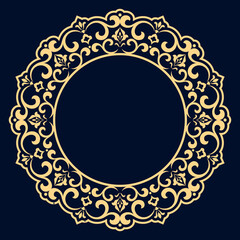 Decorative frame Elegant vector element for design in Eastern style, place for text. Floral golden and dark blue border. Lace illustration for invitations and greeting cards