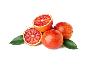 Red orange with leaves isolated on white background