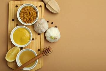 Concept of cooking honey mustard sauce, space for text